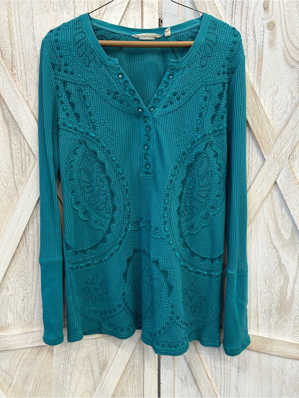Soft Surroundings Teal Textured Henley Long Sleeve Top